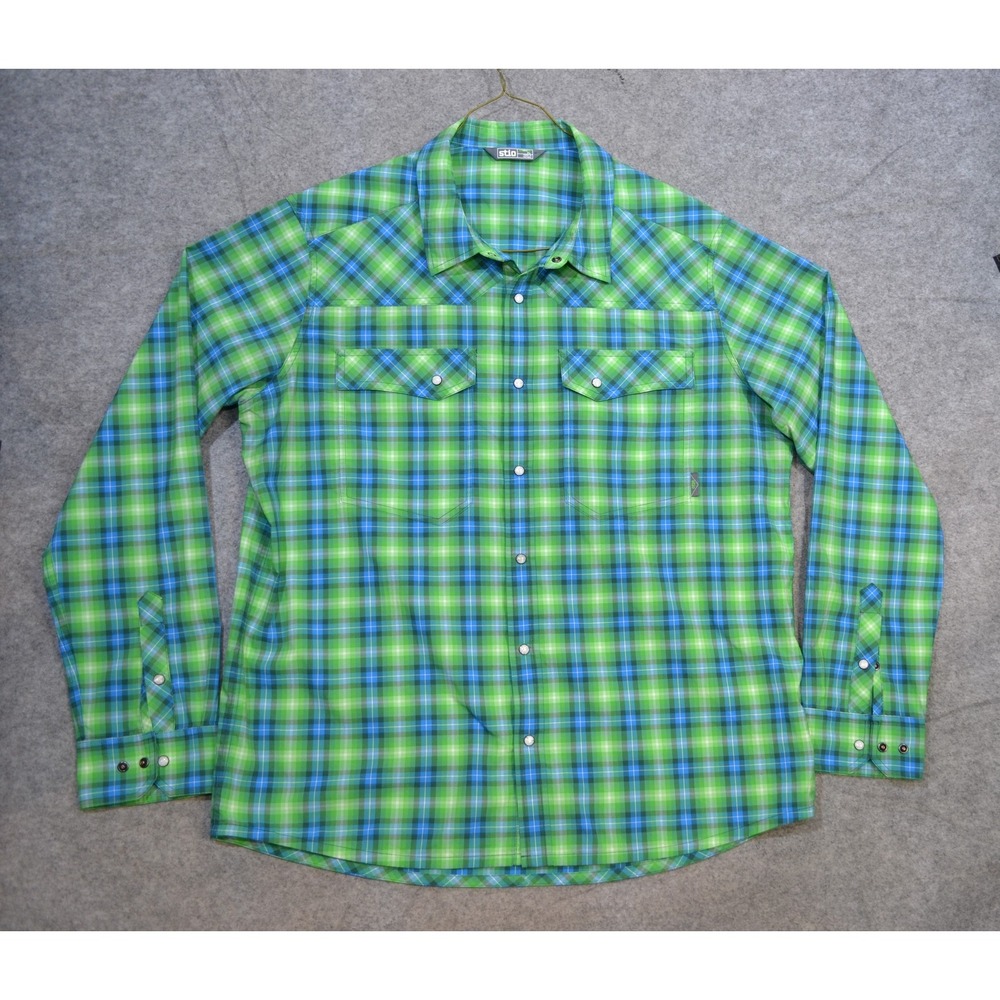 Stio Shirt Mens XL Green Blue Plaid Western Snap Long Sleeve Lightweight Hiking